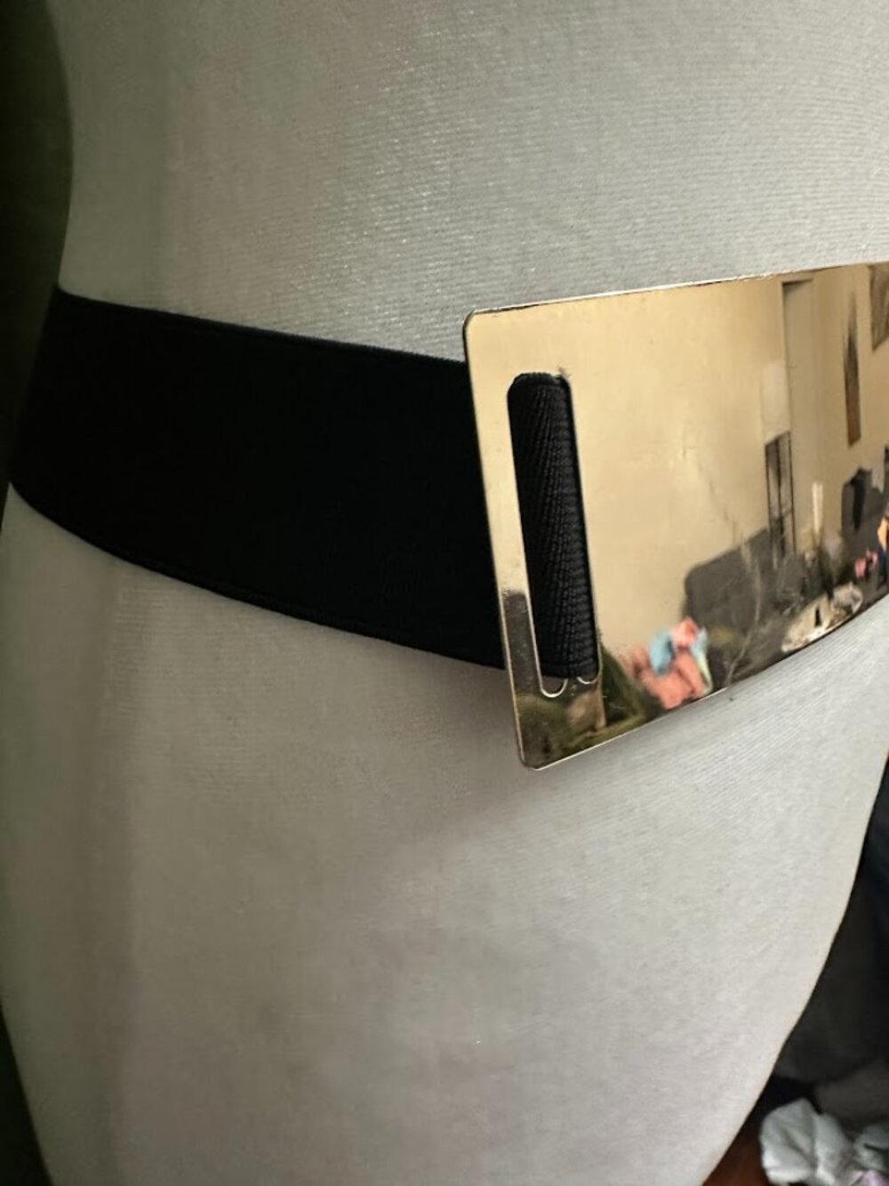 Wide Black Stretch Waist Belt with Gold Statement Buckle - Picture 4 of 13